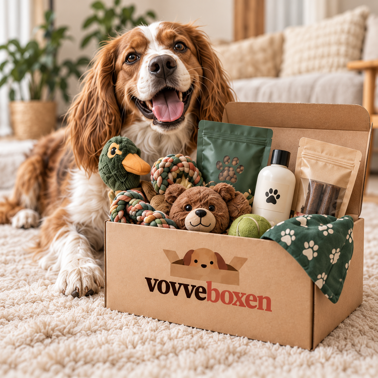 En glad hund bakom en Vovvebox fylld med leksaker, godis och tillbehör.